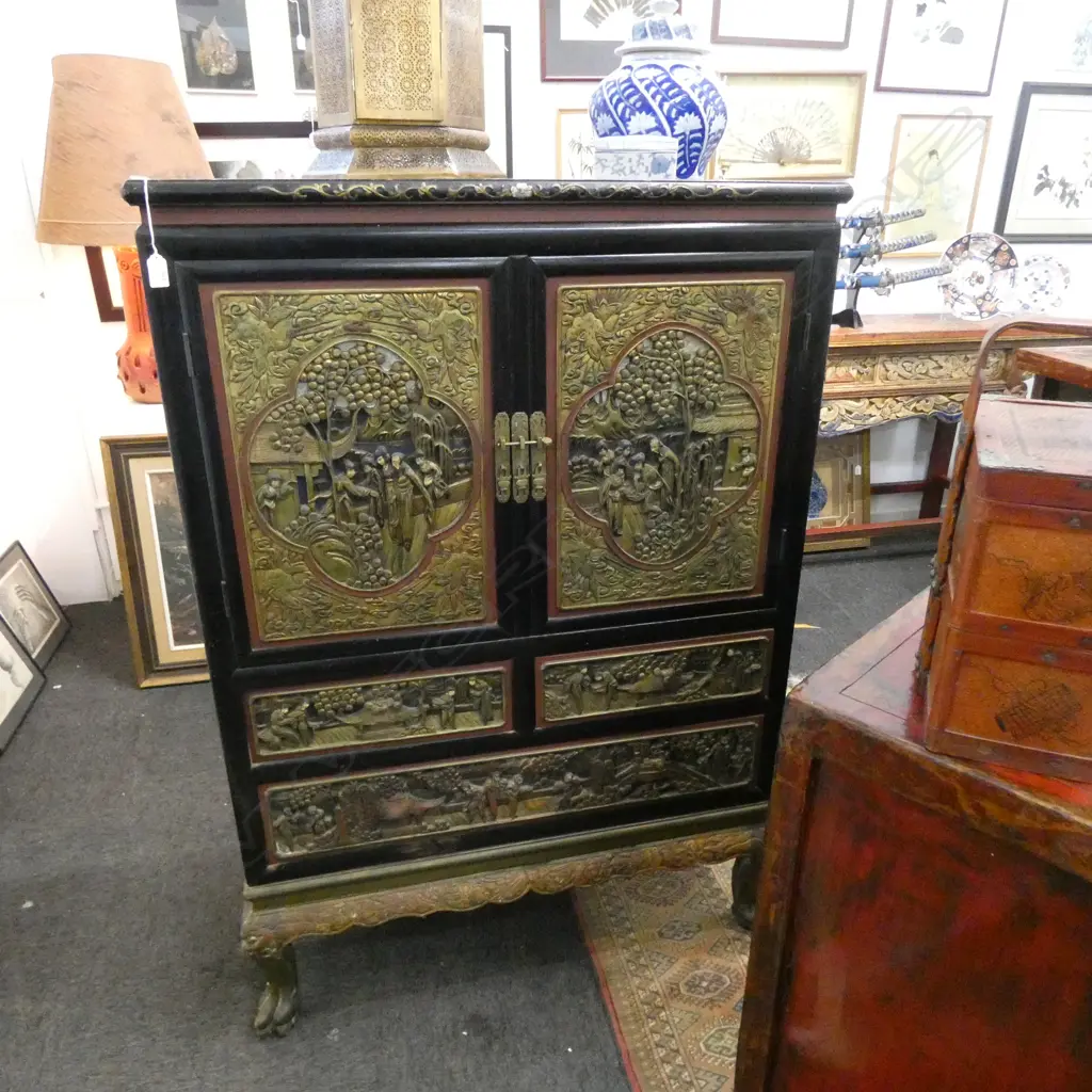 CARVED CHINESE CABINET ON BALL&CLAW STAND; PANELS DECORATED WITH CRANES & FIGURAL SCENES 900x450x1020mm Image 1++