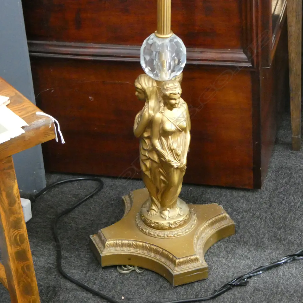 CUT GLASS & BRASS STANDARD LAMP; NEO CLASSICAL FIGURES ADORN BASE H.1480 Image 1++