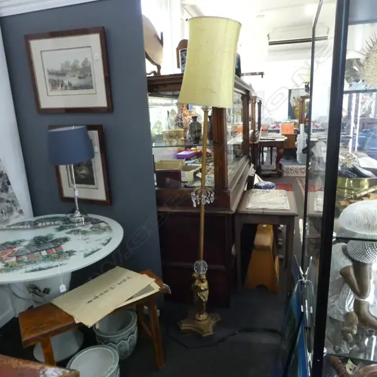 CUT GLASS & BRASS STANDARD LAMP; NEO CLASSICAL FIGURES ADORN BASE H.1480