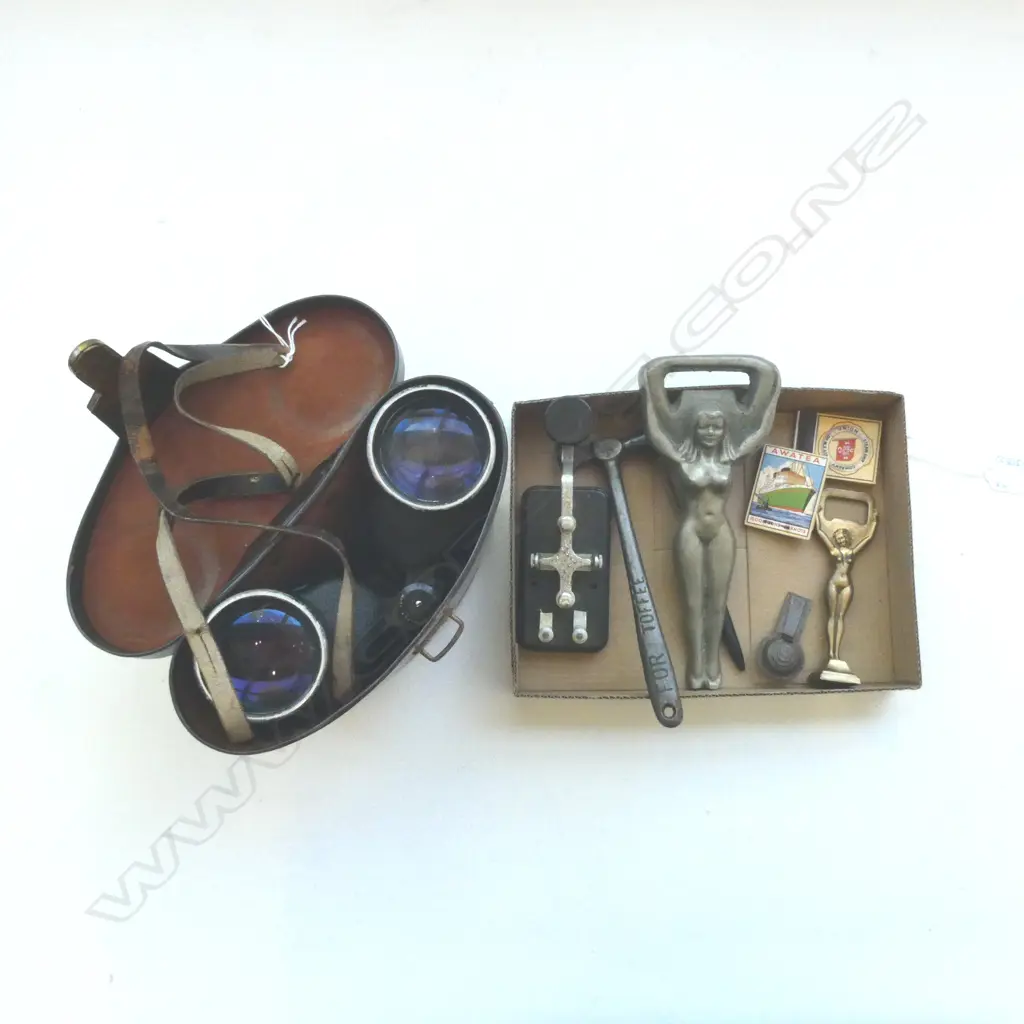 LEATHER CASED L. W. McK CARL ZEISS BINOCULARS, TELEGRAPH KEY, 2 BOTTLE OPENERS, etc Image 1++