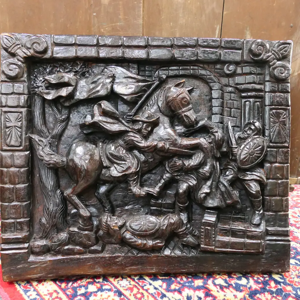 LG CARVED WOODEN PANEL DEPICTING KNIGHTS & HORSES, 565 x 690mm Image 1++