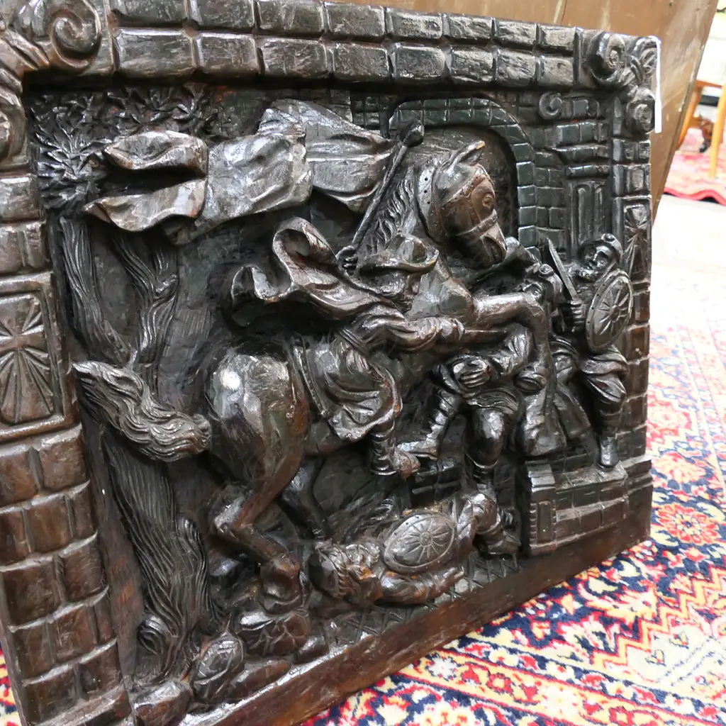 LG CARVED WOODEN PANEL DEPICTING KNIGHTS & HORSES, 565 x 690mm Image 1++
