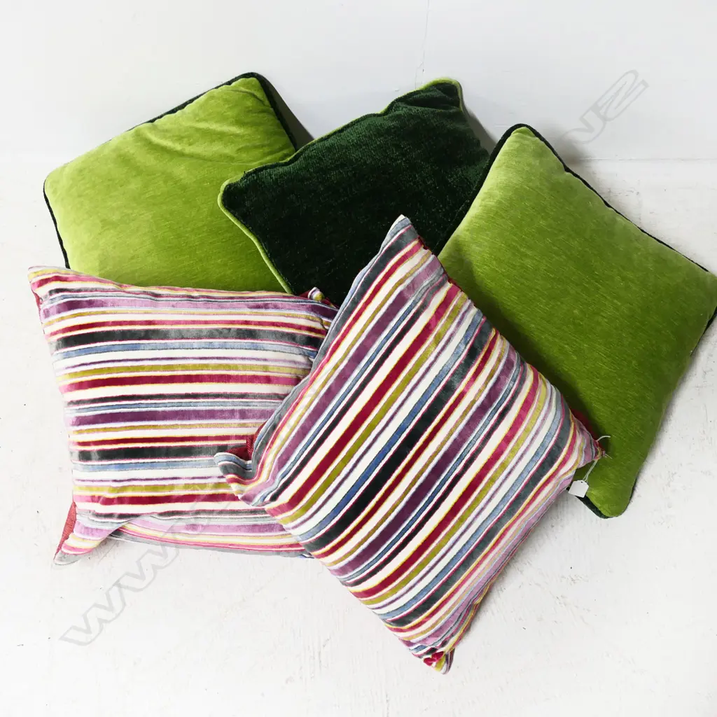 5 CUSHIONS; 3 GREEN + STRIPED PAIR (1 AF) Image 1++