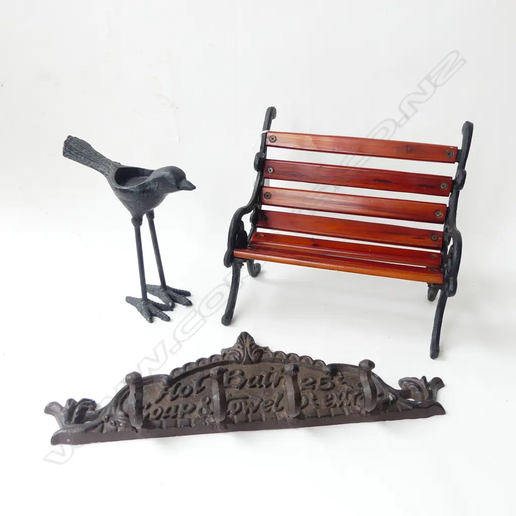 THREE CAST IRON ITEMS  BIRD + BENCH + KEY RACK Image 1++