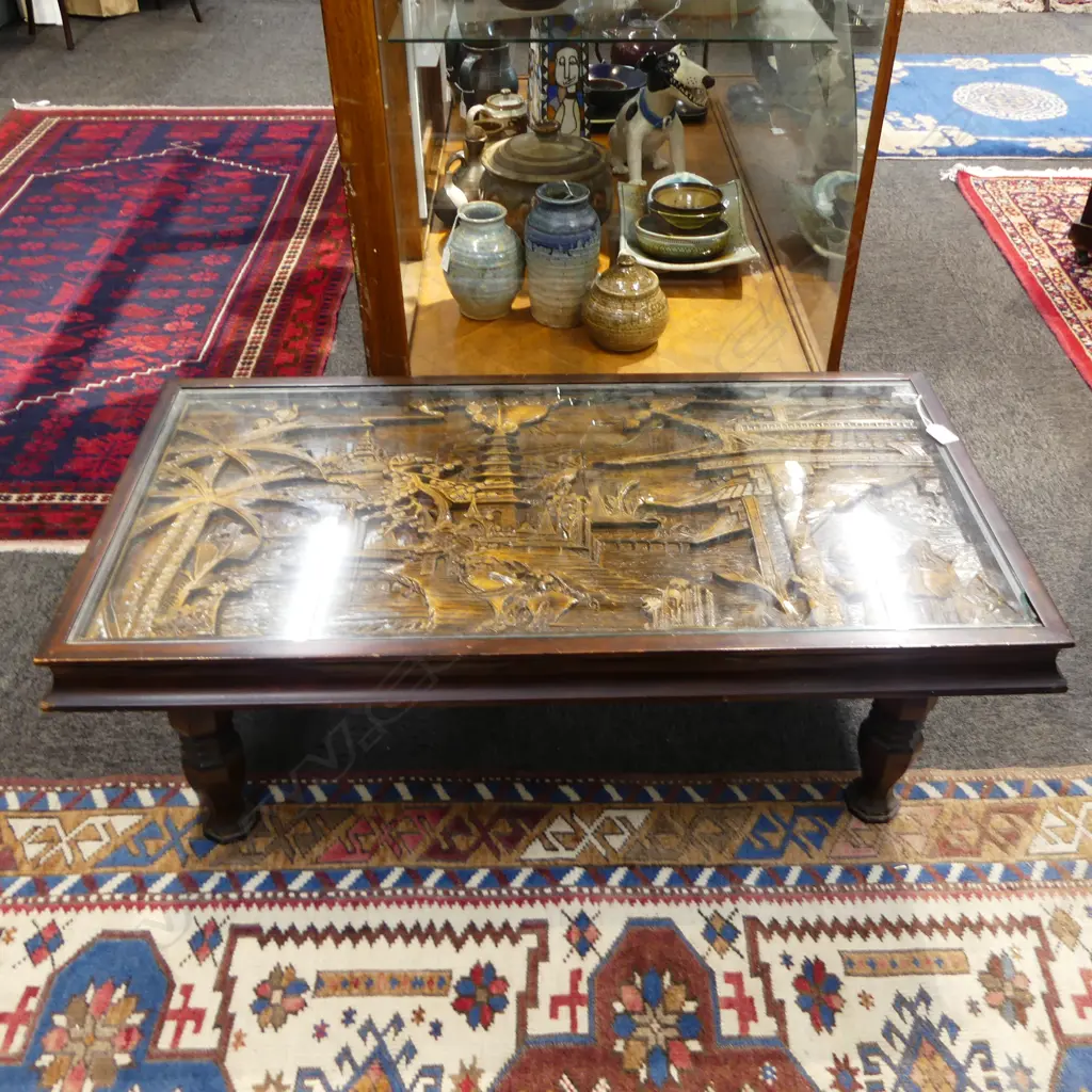 CARVED ORIENTAL GLASS TOP COFFEE TABLE 950x490x330mm AF GLASS Image 1++