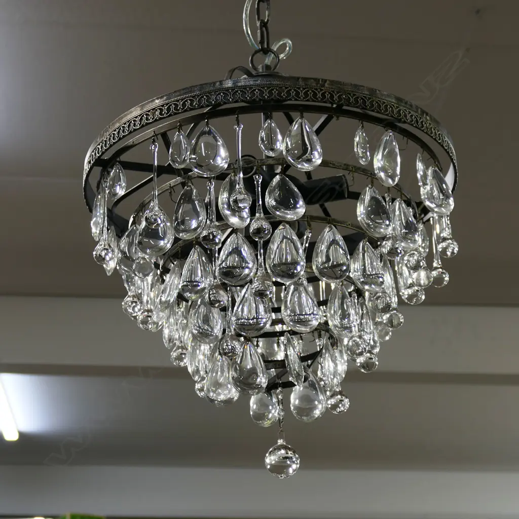 CHANDELIER w. ANTIQUE FINISH METAL & TEAR DROP CRYSALS H.570mm, 450mm dia... Image 1++