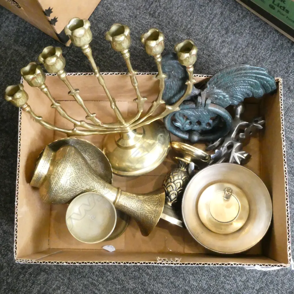 ASST BRASS & METALWARE; MENORAH, 2 CANDLESTICKS, 2 LIZARD ORNAMENTS, etc Image 1++