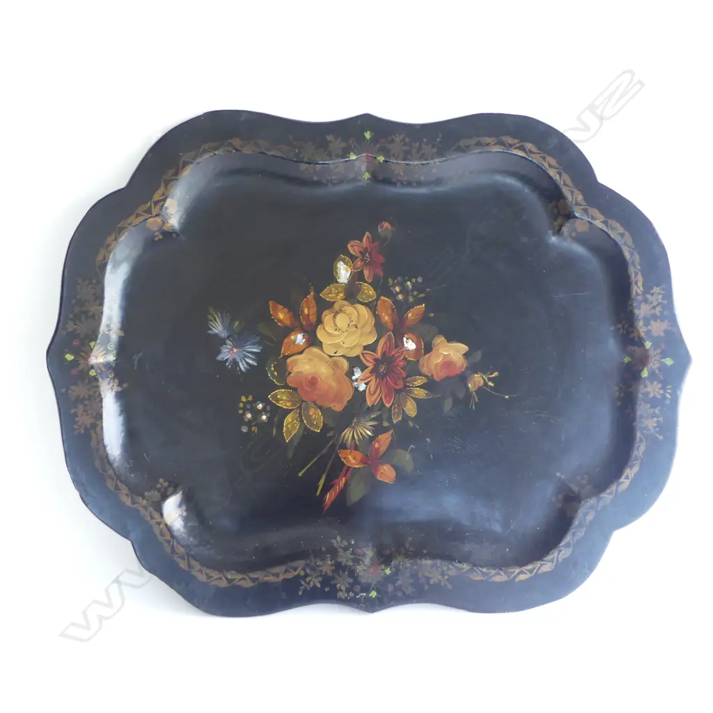 VICTORIAN FLORAL PAPER MACHE TRAY; In the manner of Jennens & Bettridge 630x490mm Image 1++