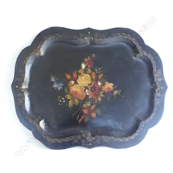 VICTORIAN FLORAL PAPER MACHE TRAY; In the manner of Jennens & Bettridge 630x490mm