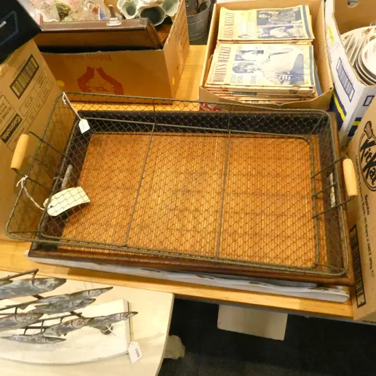 METAL WIRE DECORATIVE TRAY w. 2 WOOD L.700mm