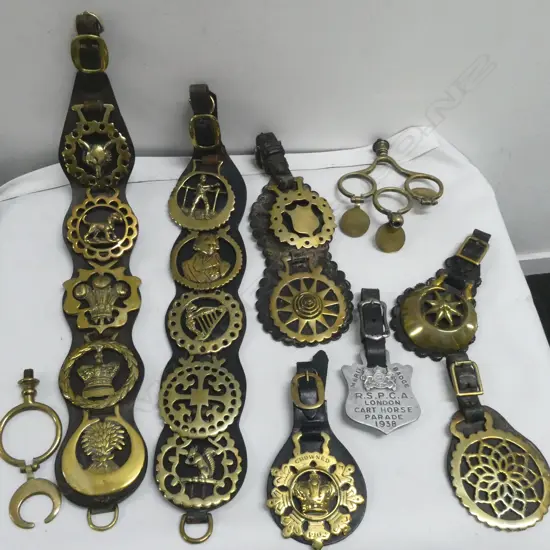 COLLECTION OF MOUNTED & UNMOUNTED VINTAGE HORSE BRASSES 