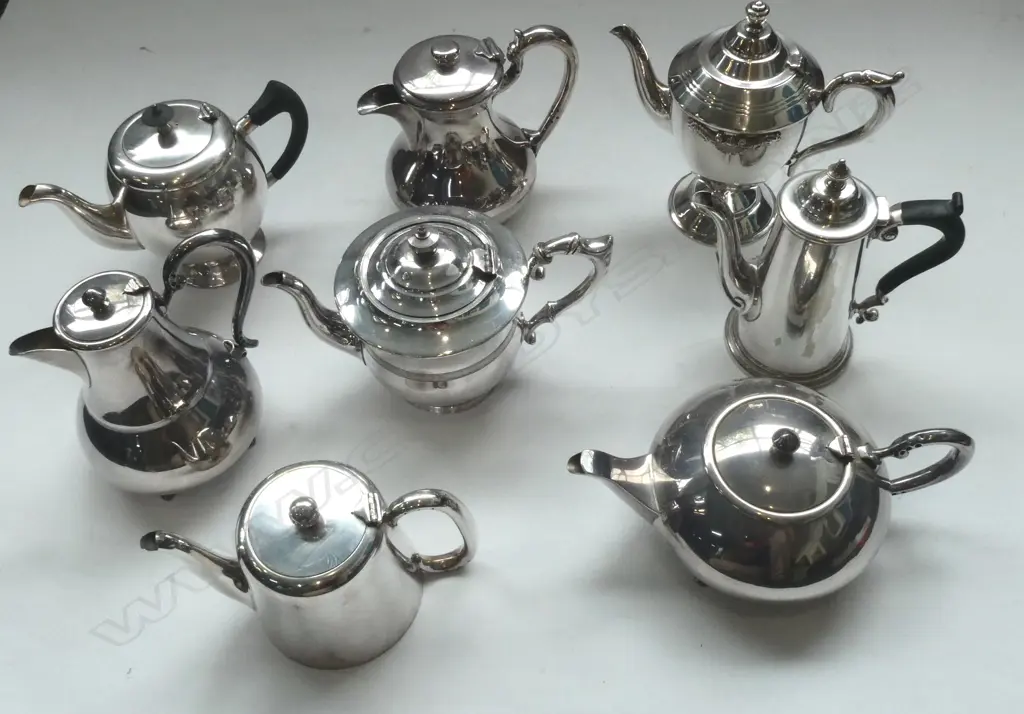 EIGHT VINTAGE SILVER PLATED TEAPOTS WALKER & HALL ETC  Image 1++