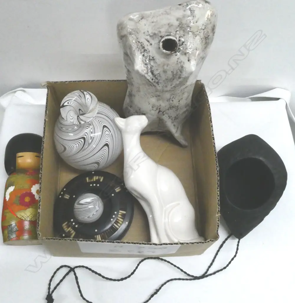 ASST ORNAMENTS; ITALIAN CERAMIC DECANTER (NO STOPPER), 2 GLASS, KOKESHI DOLL, etc Image 1++