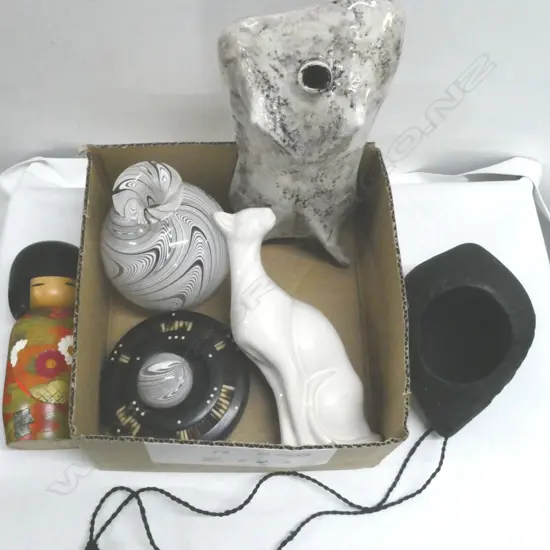 ASST ORNAMENTS; ITALIAN CERAMIC DECANTER (NO STOPPER), 2 GLASS, KOKESHI DOLL, etc