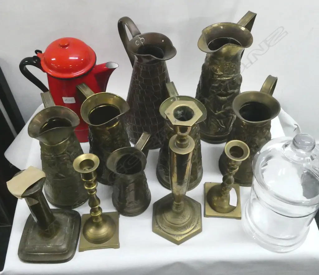 ASST BRASS JUGS w. COPPER JUG, RED POLISH ENAMEL JUG etc Image 1++