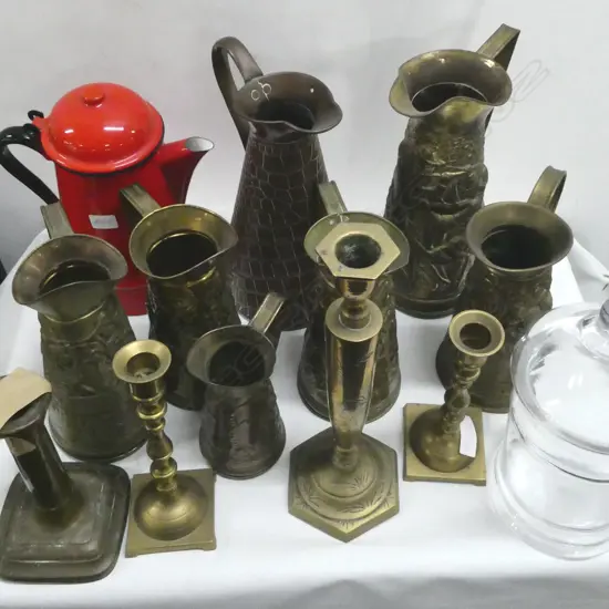 ASST BRASS JUGS w. COPPER JUG, RED POLISH ENAMEL JUG etc
