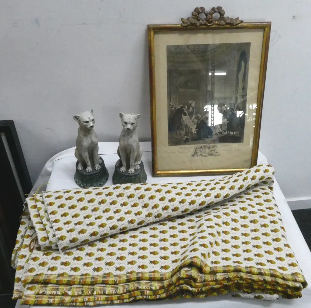 FRENCH COLOURED ENGRAVING H400 PC OF UPOLSTERY FABRIC & 2  CAT ORNS H220MM Image 1++