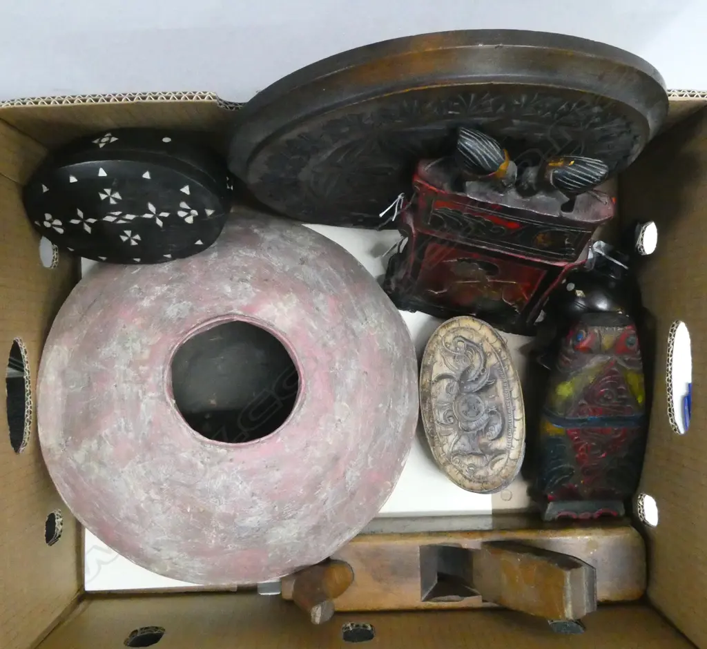 ASST CARVED WOODWARE PACIFIC & ORIENTAL etc, WOODEN PLANE, THAI CAST? SQUAT VASE  Image 1++