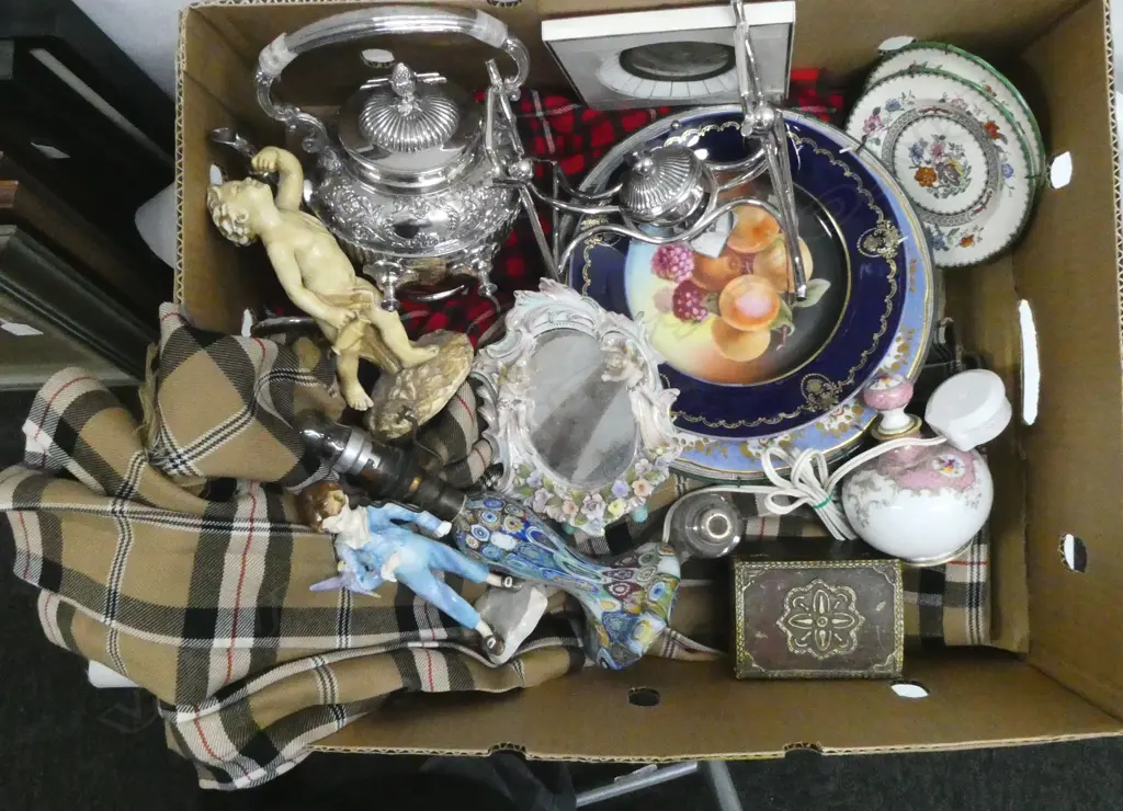 ASST. CHINA, 2 KILT SKIRTS, MURANO GLASS TABLE LAMP (BASE ONLY) H.250mm, EP SPIRIT KETTLE ETC Image 1++