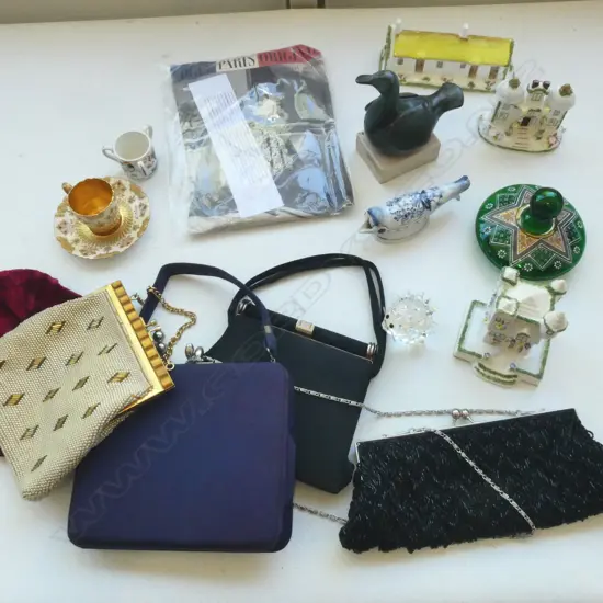 ASST. CHINA INCL. 3 COALPORT HOUSES, 5 HANDBAGS ETC
