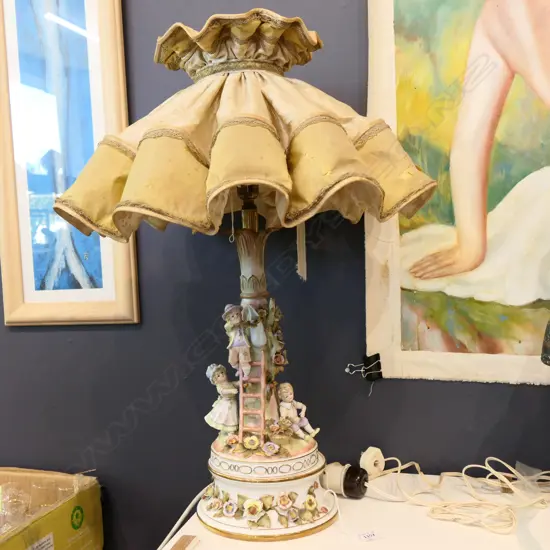 DRESDEN STYLE PORCELAIN LAMP w. SHADE H.480mm FAULTS