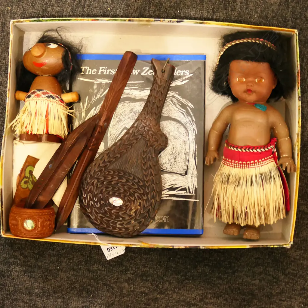 NZ MAORI COLLECTIBLES INCL. BOOK, DOLLS, WOOD CARVED ITEMS – PATU ETC, PHOTOS  Image 1++