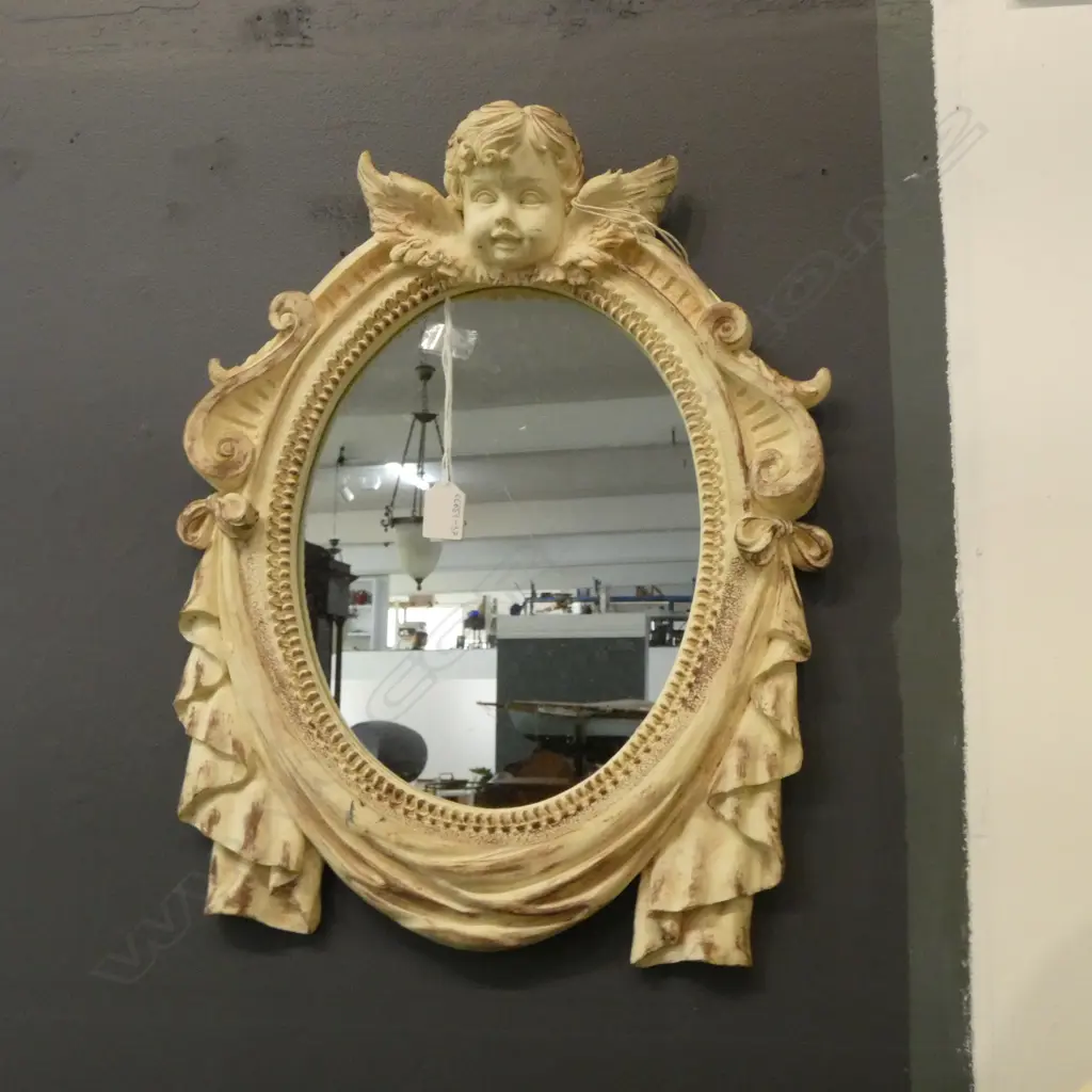 RUSTIC FRAMED OVAL WALL MIRROR w. CHERUB MOTIF H.510mm Image 1++