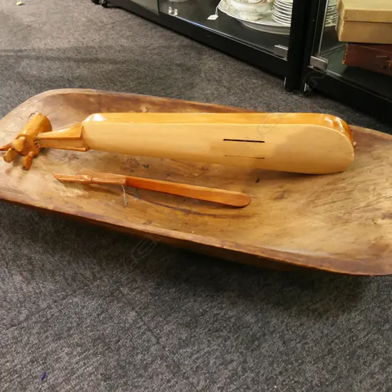 WOOD DOUGH BOWL L.690mm w. WOOD CARVED MUSICAL INSTRUMENT (FAULTS)