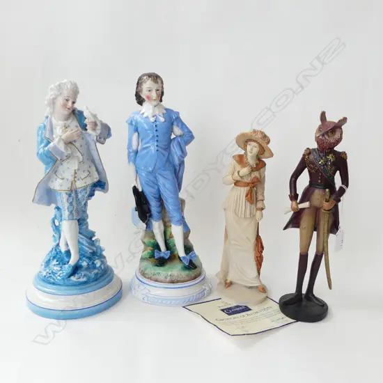 4 FIGURINES; 2 BLUE CERAMIC H.345mm (1 NECK REPAIRED), RESIN R. DOULTON 'VANESSA', RESIN OWL MAN 