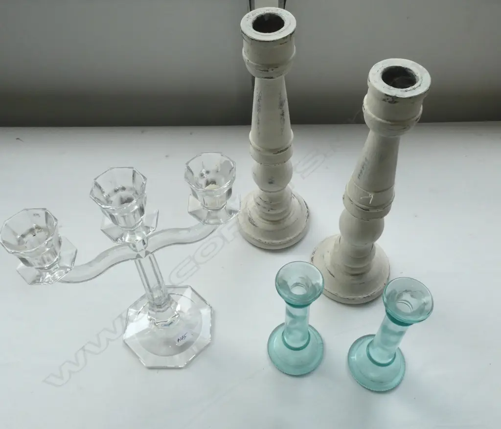 CUT GLASS CANDELABRA H.325mm, PR GLASS CANDLESTICKS & PR WOOD H.390mm Image 1++