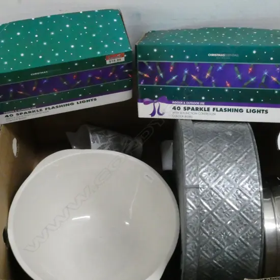 LG CERAMIC MIXING BOWL, 2 BOXED CHRISTMAS LIGHTS, GRADUATED METAL TINS, etc