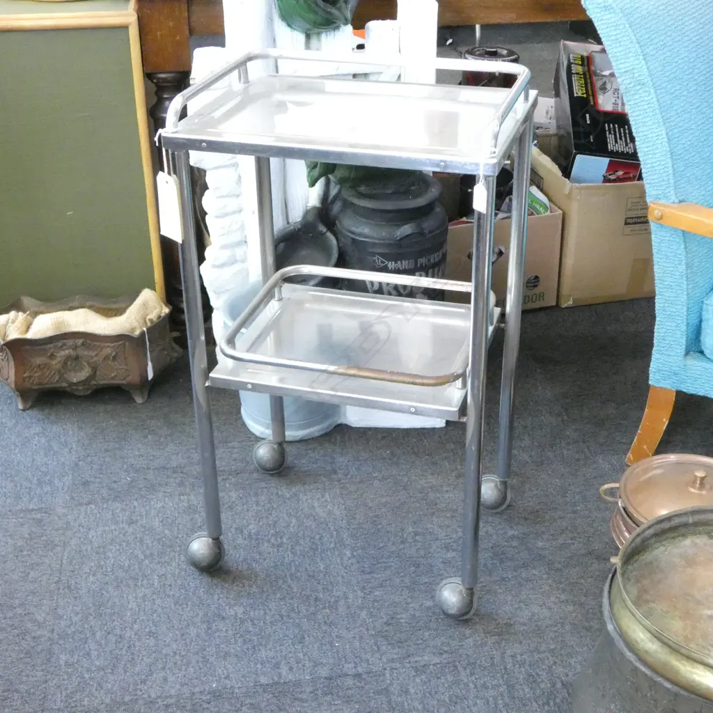 VINTAGE ALUMINUM TWO TIER TROLLEY 450x330x770mm Image 1++