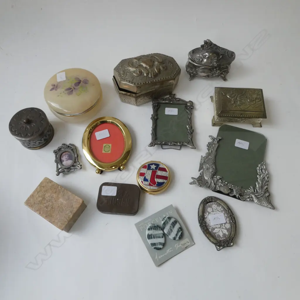 ASST SMALL PICTURE FRAMES, PORCELAIN EARINGS, ALABASTER TRINKET BOX, etc Image 1++