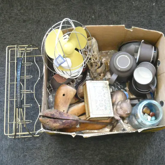 ASST. ITEMS INCL. CAST IRON CAT DOOR STOP, SHOE LASTS, SOAP STONE CARVING, HORNSEA TEA SET ETC