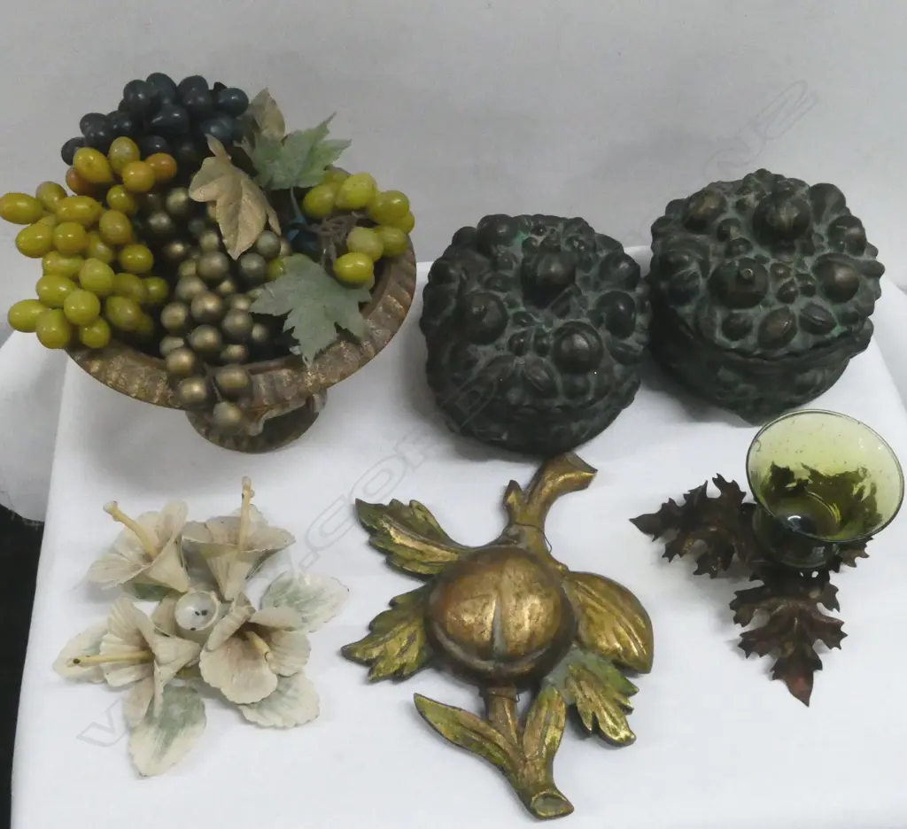 GILDED CERAMIC CAMPANA VASE H.150mm, 2 CERAMIC FRUIT STORAGE JARS (AF), GLASS & BRASS IVY CANDLE HOLDER, etc Image 1++