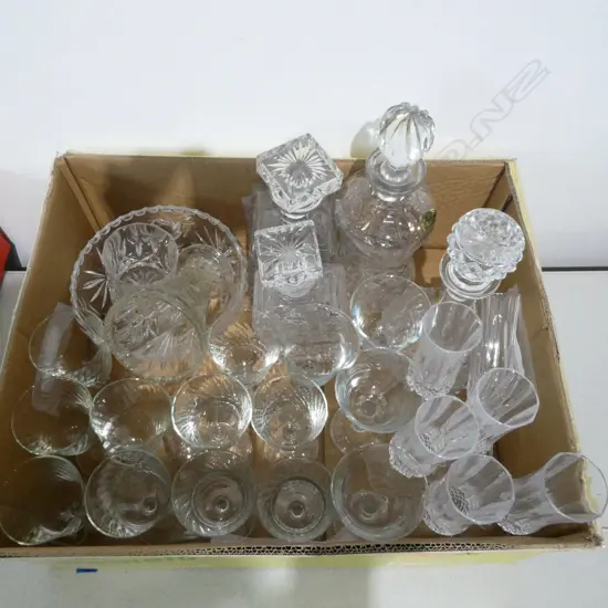 ASST CRYSTAL & GLASSWARE; 4 DECANTERS, FRENCH GOBLETS, etc
