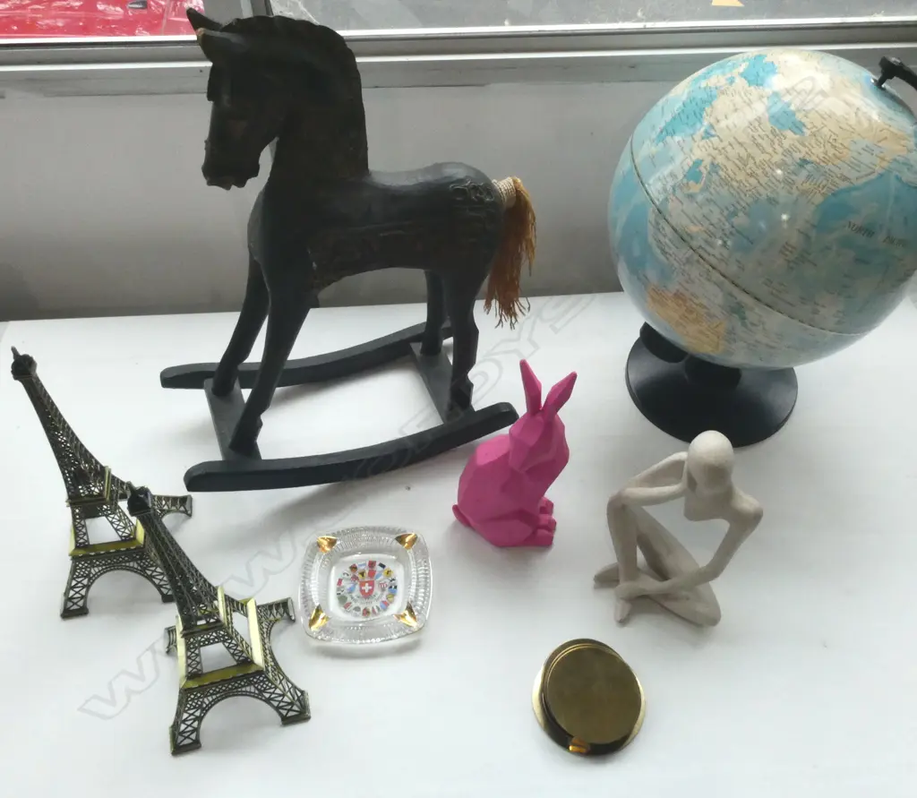 COLLECTION OF MISC: EIFFEL TOWERS, WORLD GLOBE, HORSE, COASTERS, FIGURE & SWISS ASHTRAY  Image 1++