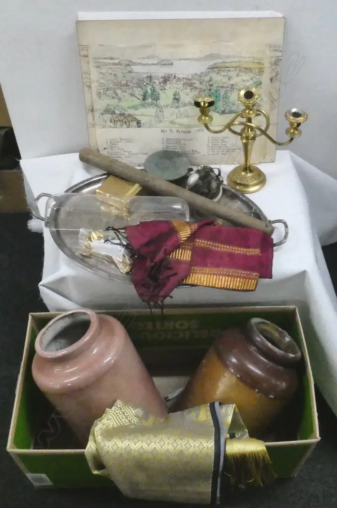 LG SHEF. EP TRAY, 2 CROCKS, WOODEN BATON, 3 RUMUERA 'KEY TO.. 1920' PRINTS/WATER COLOR?, etc Image 1++