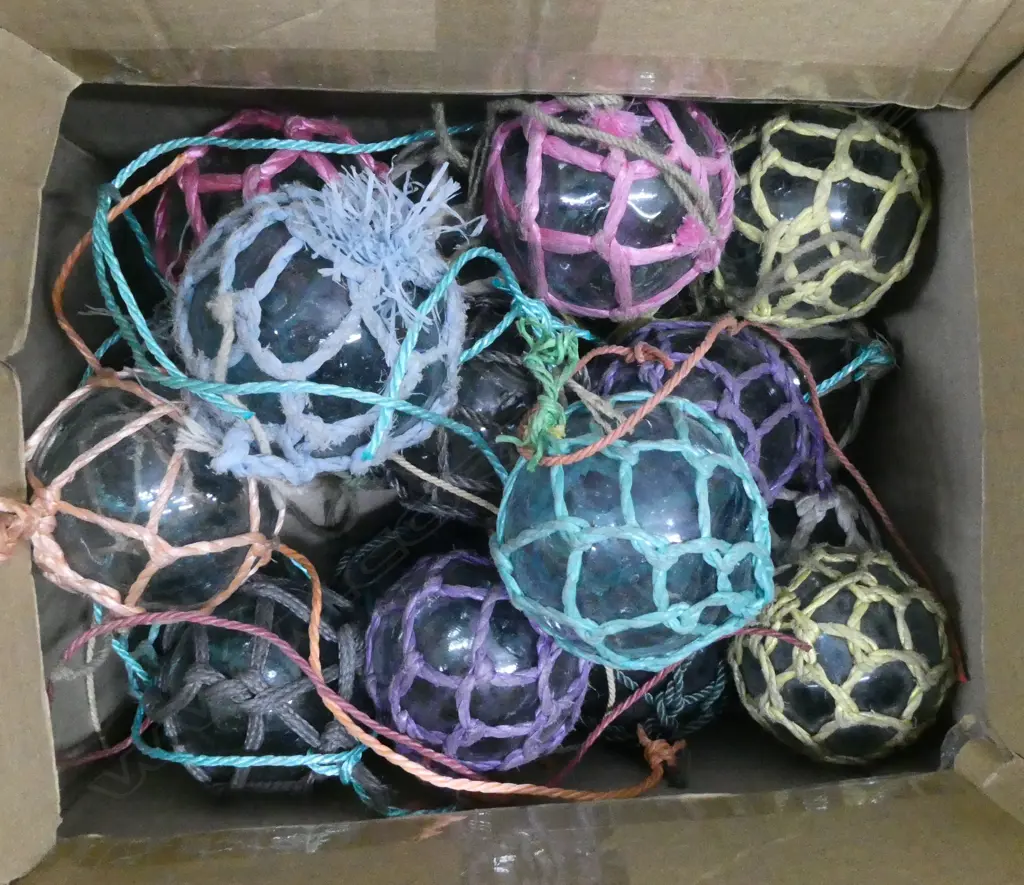 22 OLD GLASS BALL FISHING FLOATS w. NETTING 90mm dia Image 1++