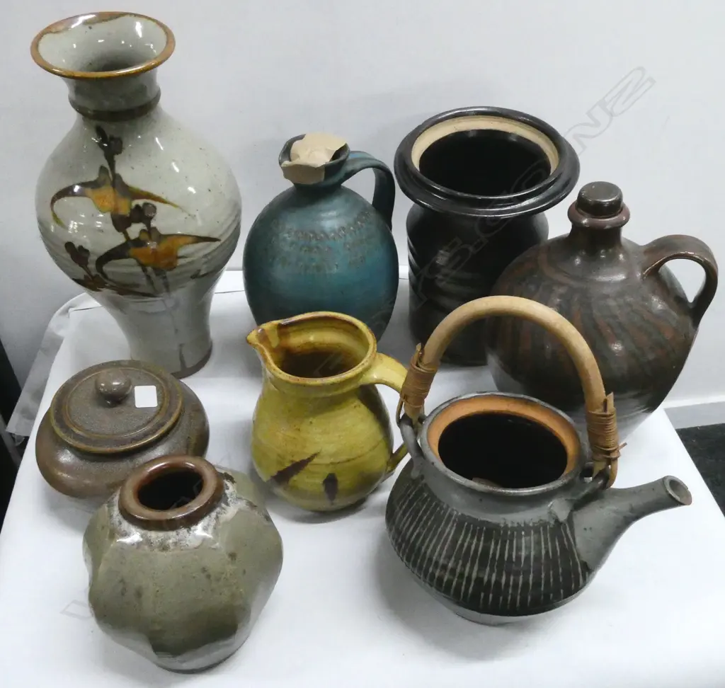 ASST NZ STUDIO POTTERY; ESTELLE MARTIN FLASK, ROYCE MCGLASHIN TALL , PETER STITCHBURY TEAPOT (FAULTS) etc Image 1++