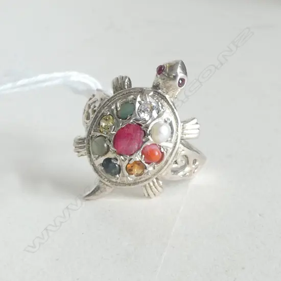 SILVER & GEMSTONE NAVRATNA TURTLE RING SIZE S