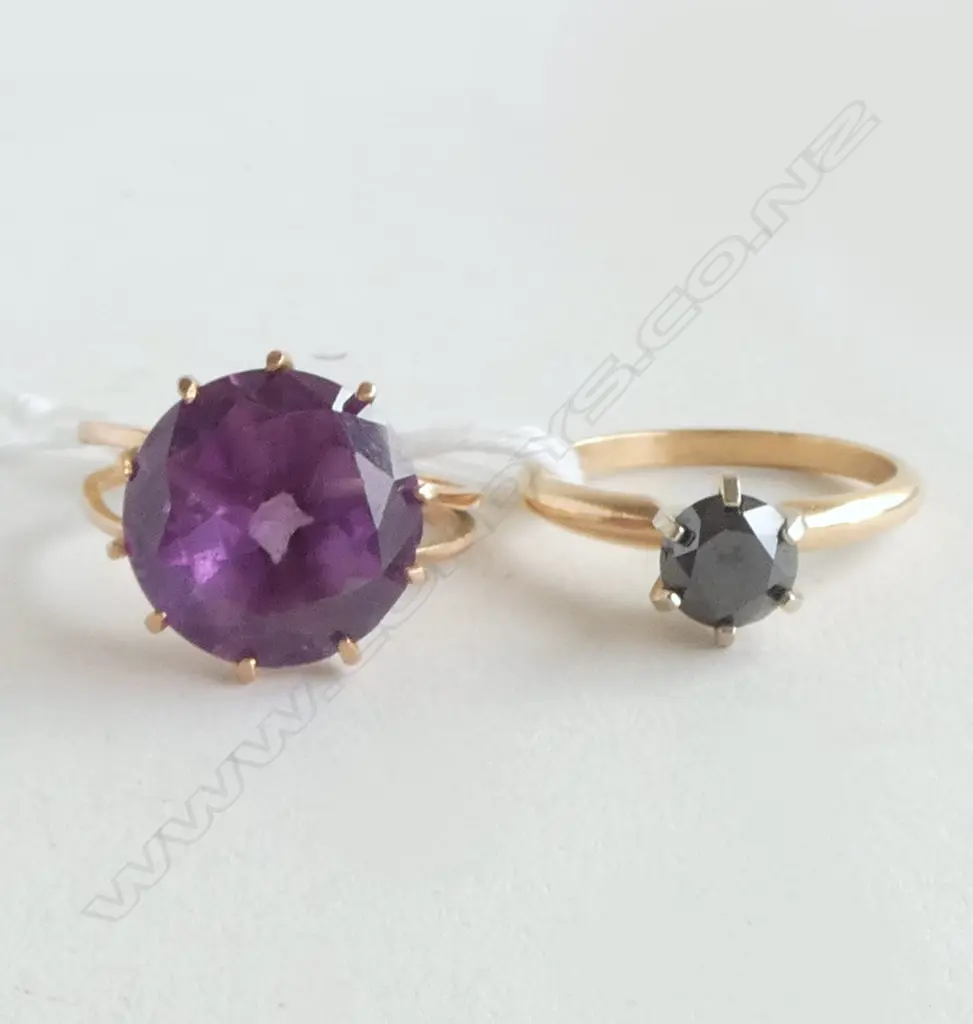 2x 14ct GOLD RINGS, 1x SOL. BLACK DIAMOND w. EGYPTIAN MARK, 6.3gms SIZE N Image 1++