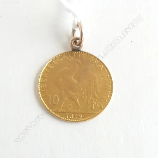 1899 10 FRANC GOLD COIN with soldered suspension loop 3.48gms 0.90 fineness. Some wear