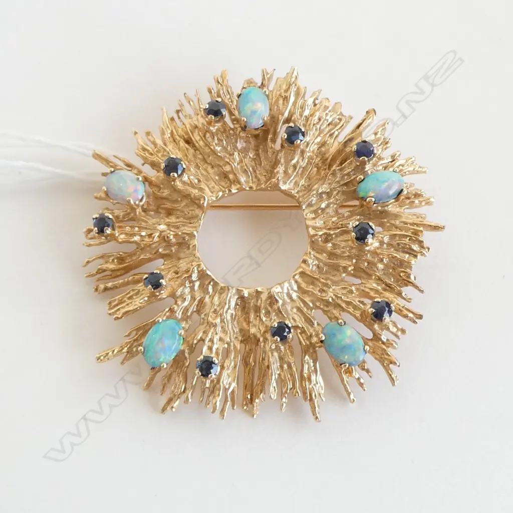 14ct GOLD OPAL & SAPPHIRE stylish  BROOCH Dia.50mm 18.5gms Image 1++