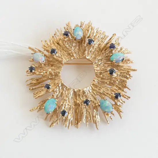 14ct GOLD OPAL & SAPPHIRE stylish  BROOCH Dia.50mm 18.5gms