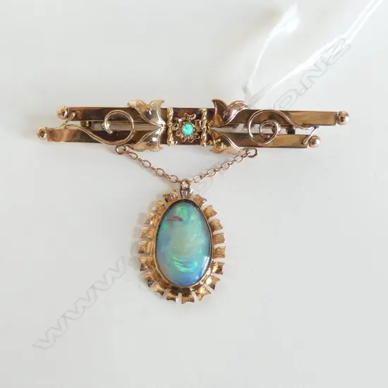 **RTV** ANTIQUE 9CT GOLD & OPAL BAR BROOCH, 5gm, VALUATION AVAIL, (CD6773)