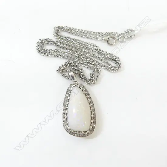 MILK OPAL AND DIAMOND PENDANT SET IN SILVER/PALLADIUM ? WITH SILVER PLATE CHAIN