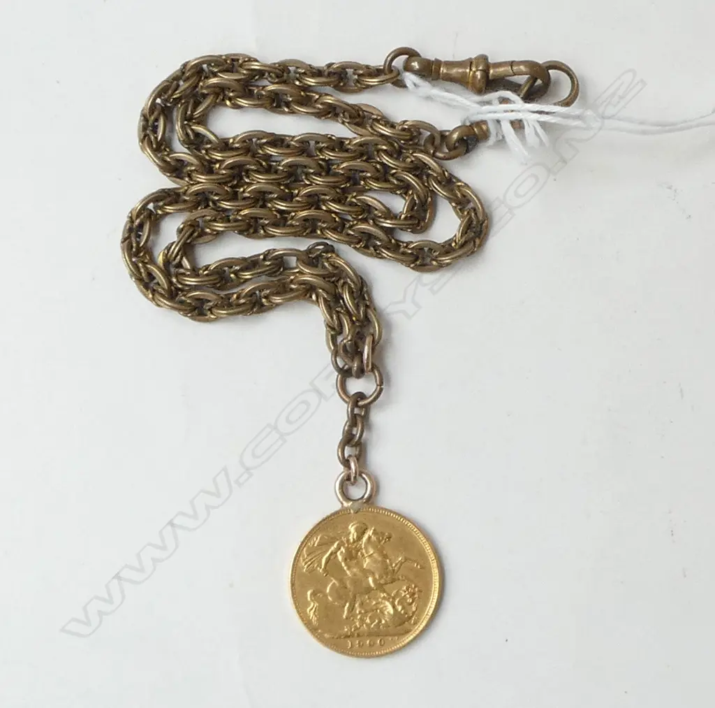 FULL GOLD SOVEREIGN 1900 Melbourne mint ON GOLD PLATE FOB CHAIN Prince of Wales links Image 1++