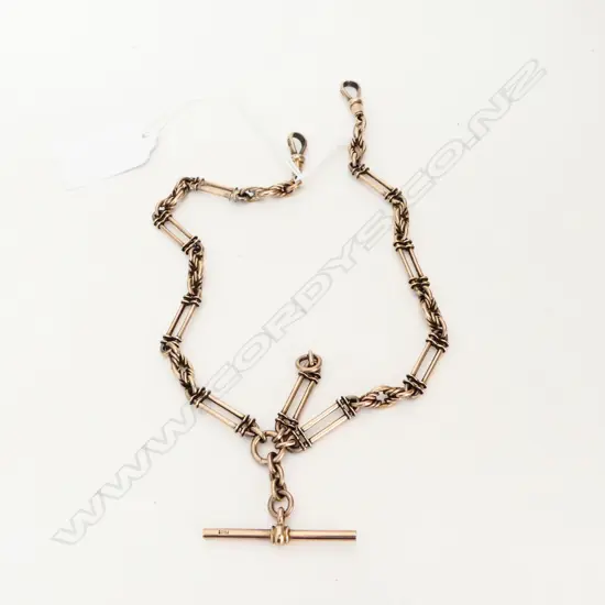 c1900 9ct ROSE GOLD ALBERT CHAIN RAIL & PRINCE OF WALES LINKS with 2 clips & T-bar L.360mm. 33gms