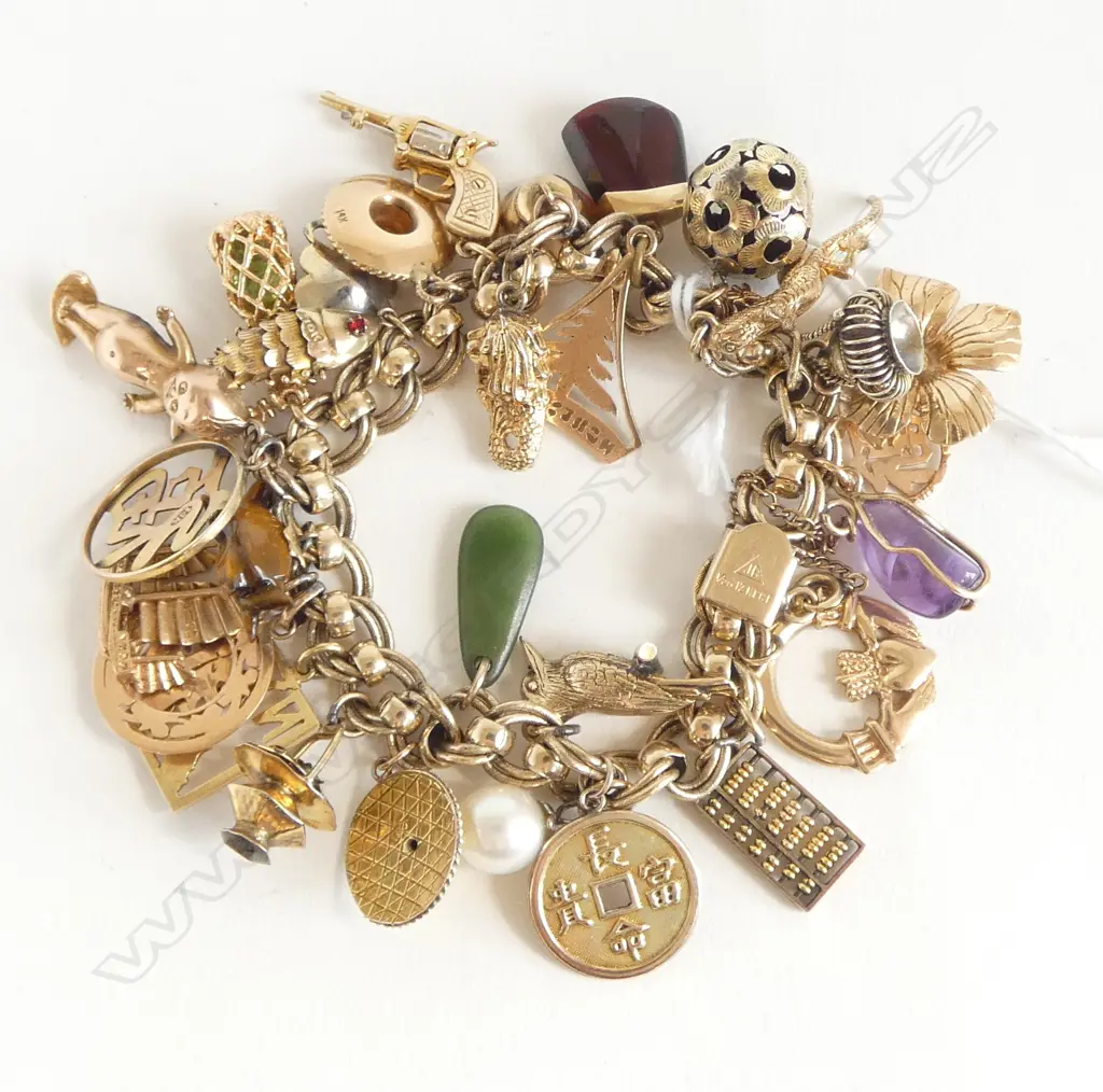 MULTIPLE GOLD CHARMS (9+10+14ct gold) on GOLD PLATE BRACELET. 61.6gms total Image 1++